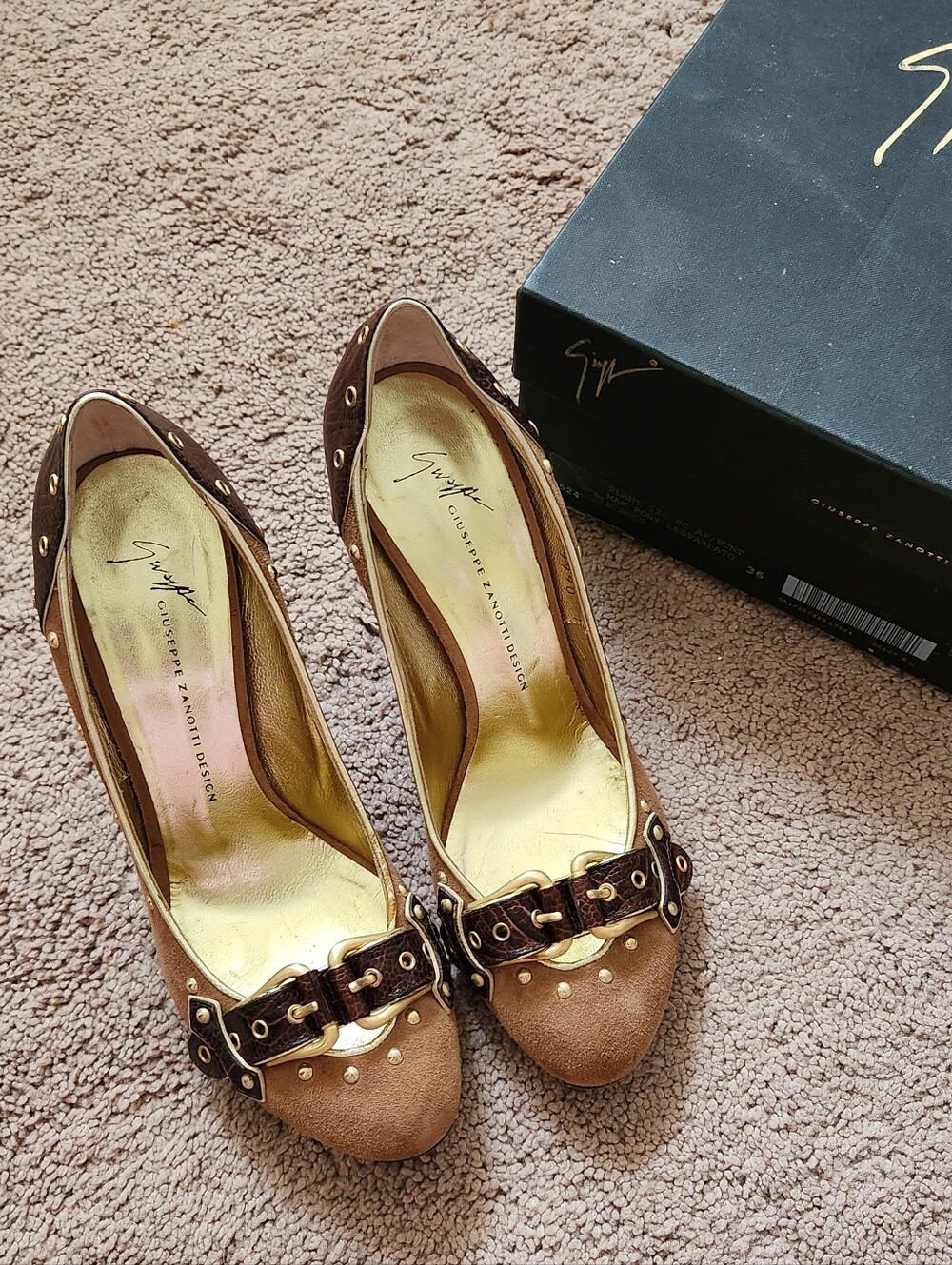 Giuseppe Zanotti Brown Buckle Vicini Suede Leather Heel Round Toe Pumps 37.5